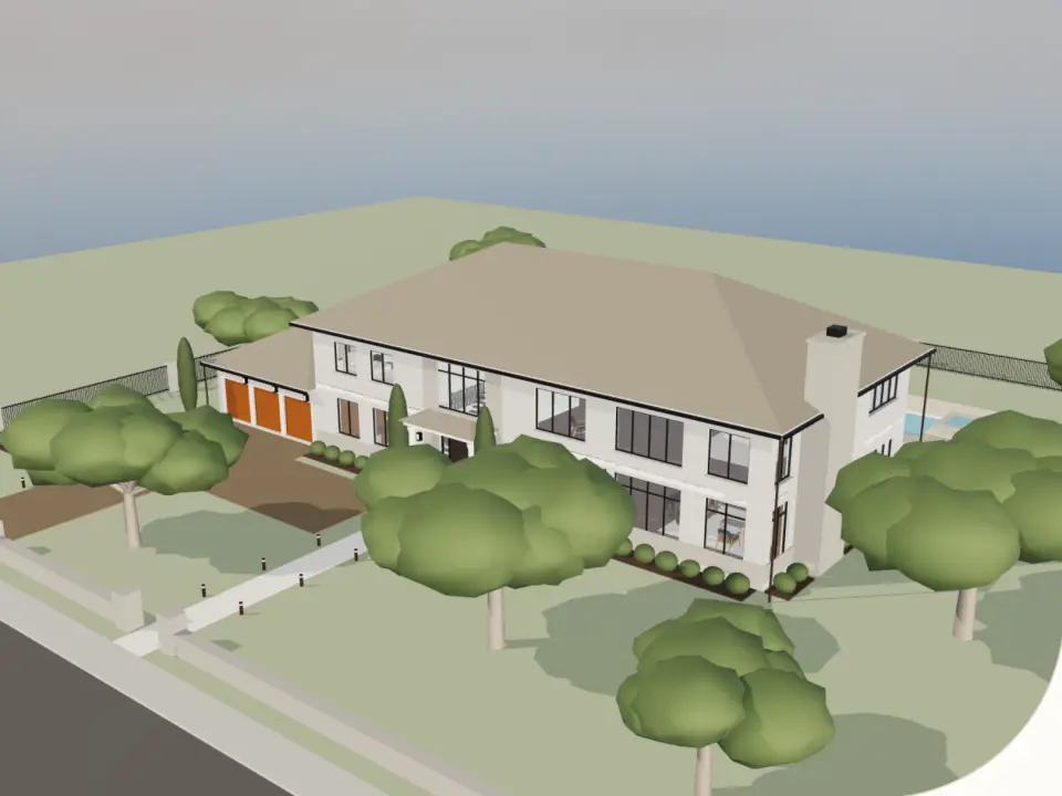 A rendering of the house in Design Your Project: a two-storey home with a three-car garage, front garden and pool.